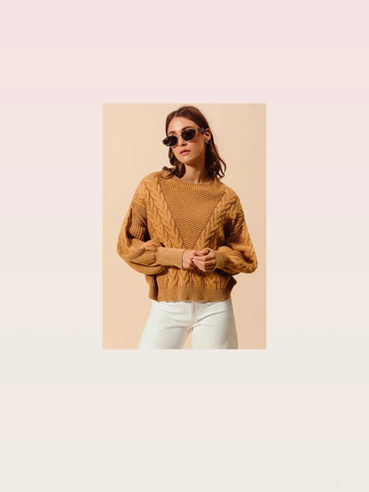 Mineral Washed Loose Fit Textured Cable Sweater — styled showcase — Livostyle