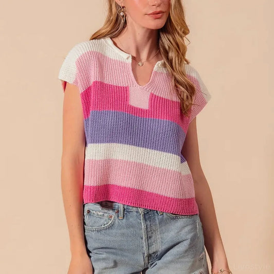 Multi Color Stripe Loose Fit Cap Sleeve Sweater Top — square view — Livostyle