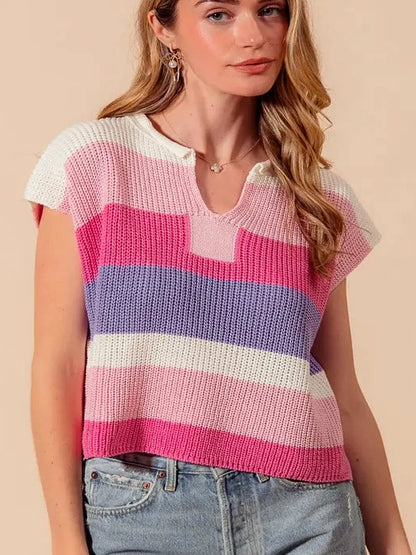 Multi Color Stripe Loose Fit Cap Sleeve Sweater Top — detail view — Livostyle