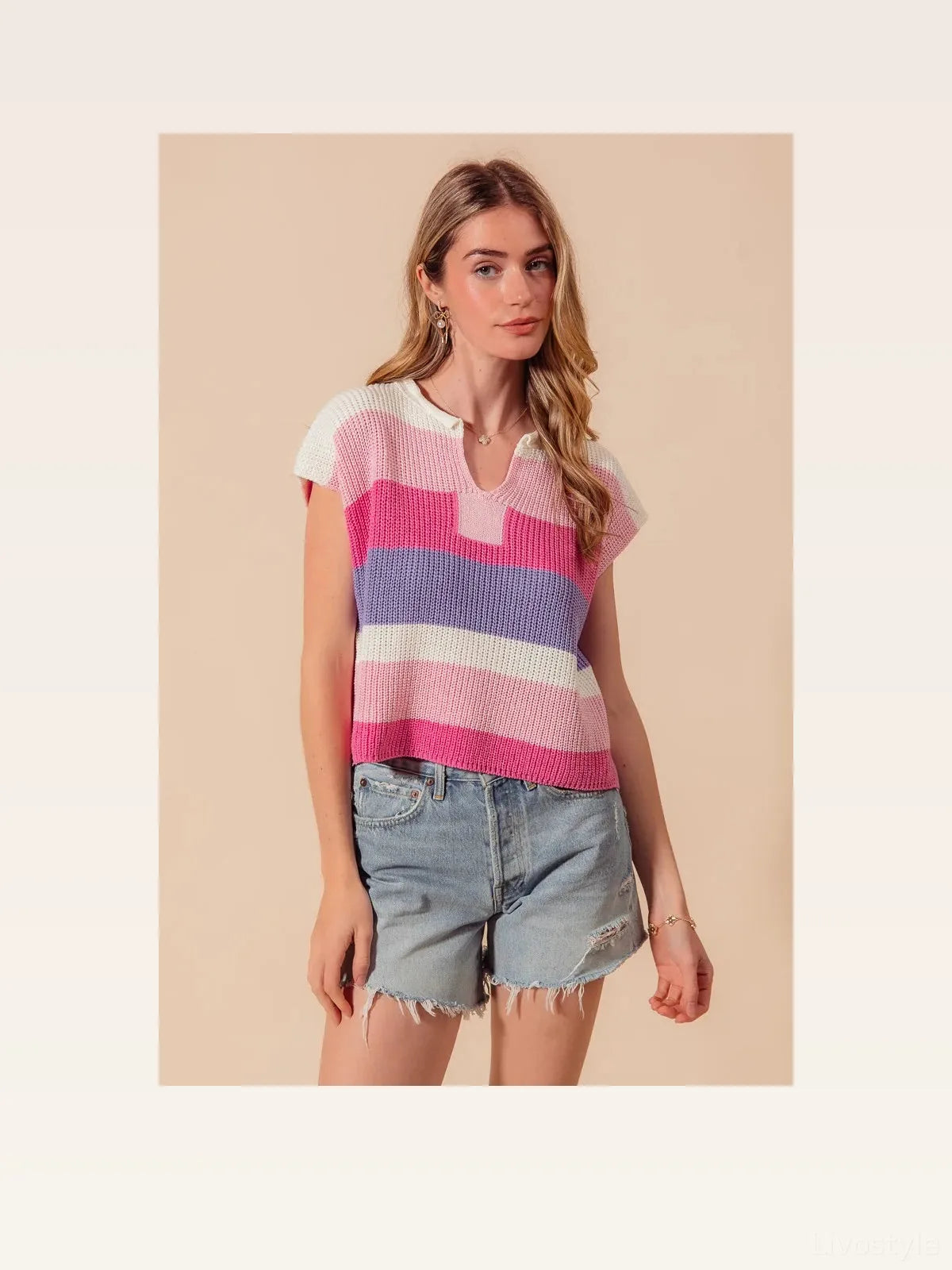 Multi Color Stripe Loose Fit Cap Sleeve Sweater Top — styled showcase — Livostyle