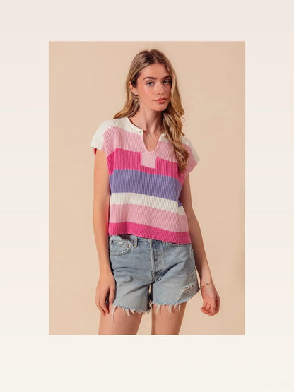 Multi Color Stripe Loose Fit Cap Sleeve Sweater Top — styled showcase — Livostyle