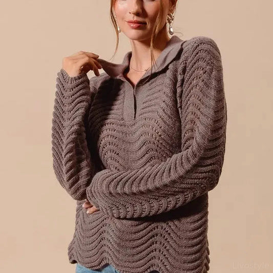 Coffee Notched Collar Wavy Texture Sweater Top — square view — Livostyle
