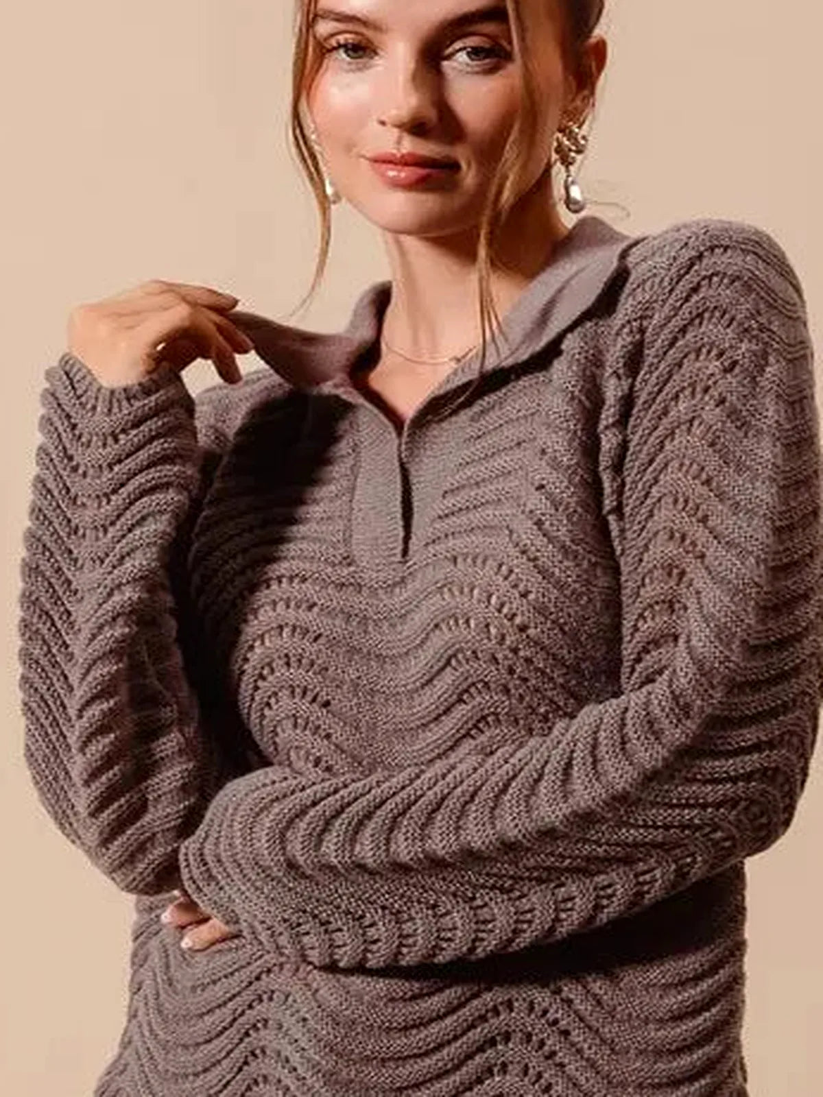 Coffee Notched Collar Wavy Texture Sweater Top — detail view — Livostyle