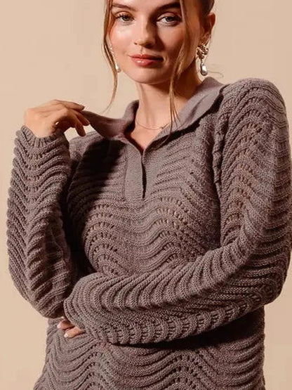 Coffee Notched Collar Wavy Texture Sweater Top — detail view — Livostyle