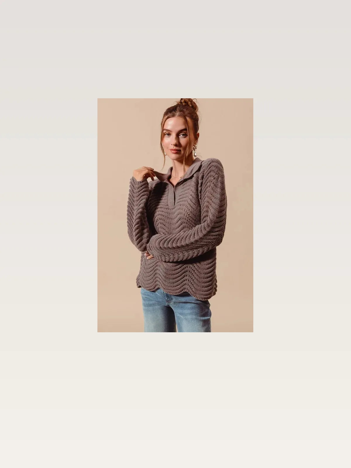 Coffee Notched Collar Wavy Texture Sweater Top — styled showcase — Livostyle