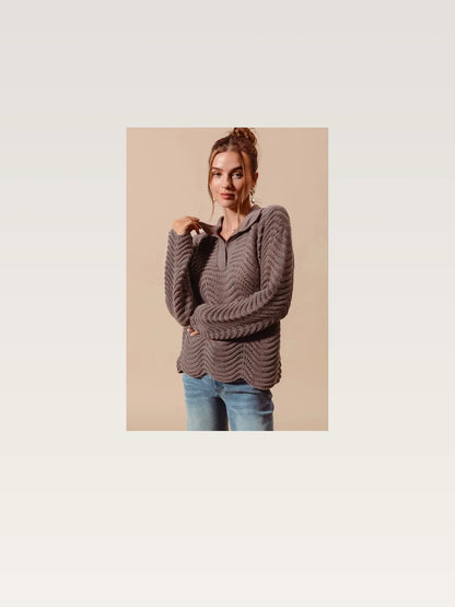 Coffee Notched Collar Wavy Texture Sweater Top — styled showcase — Livostyle