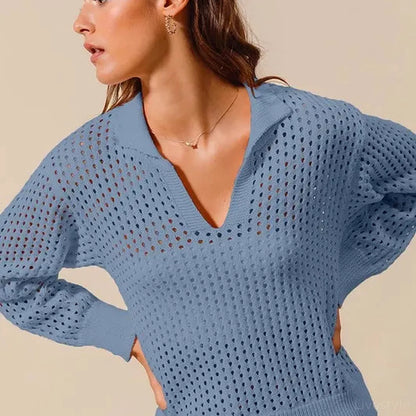 Open Knit Polo Sweater Top — square view — Livostyle