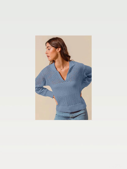 Open Knit Polo Sweater Top — styled showcase — Livostyle