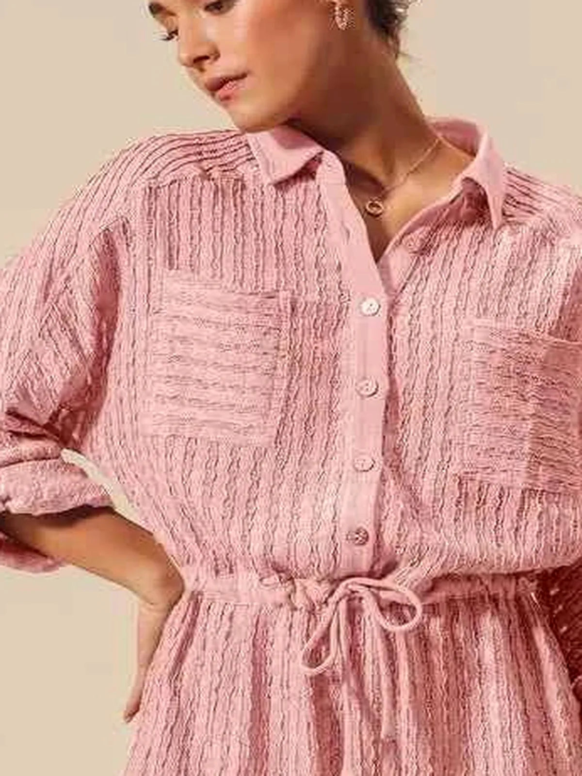 Pink Textured Knit Button Front Romper — detail view — Livostyle