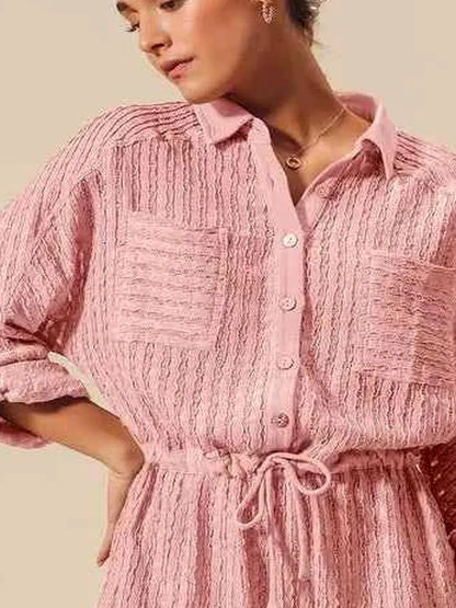 Pink Textured Knit Button Front Romper — detail view — Livostyle