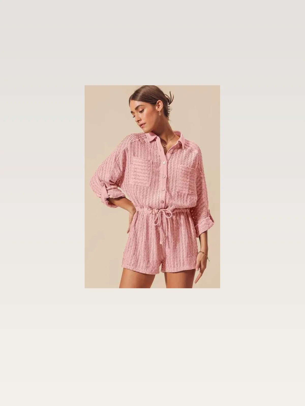 Pink Textured Knit Button Front Romper — styled showcase — Livostyle