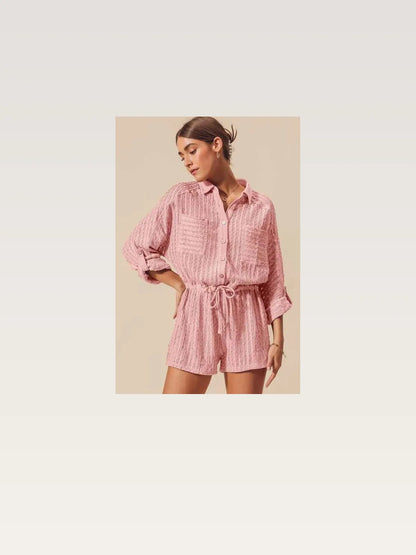 Pink Textured Knit Button Front Romper — styled showcase — Livostyle