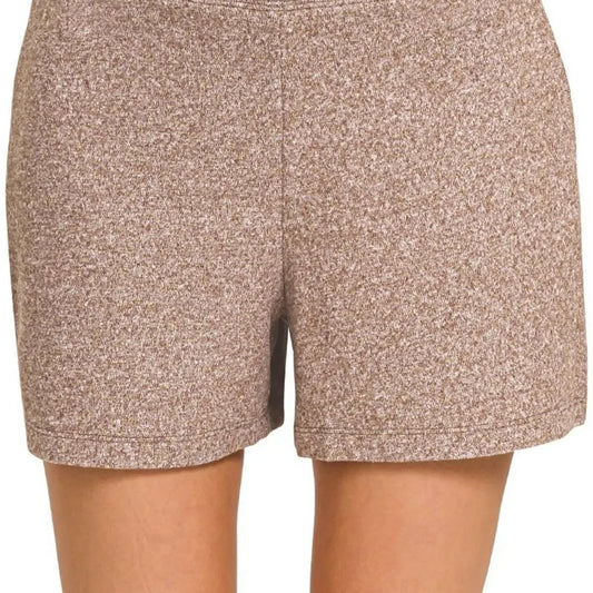 Soft Melange Hacci Elastic Waisted Shorts in BROWN — square view — Livostyle