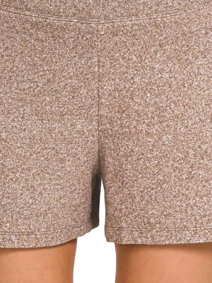 Soft Melange Hacci Elastic Waisted Shorts in BROWN — detail view — Livostyle