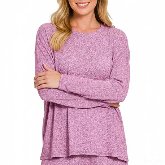 Soft Melange Long Sleeve Tee and Shorts Set in Lt Plum — square view — Livostyle