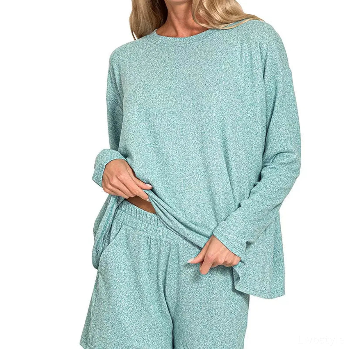 Soft Melange Long-Sleeve Tee & Shorts Set — square view — Livostyle