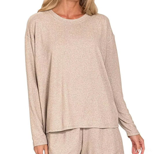 Soft Melange Long Sleeve Tee and Shorts Set in Ash Mocha — square view — Livostyle