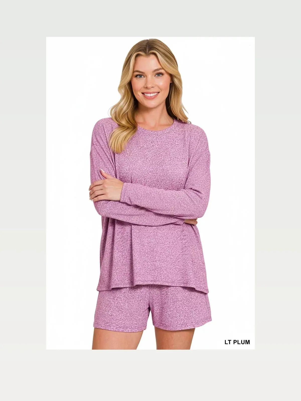 Soft Melange Long Sleeve Tee and Shorts Set in Lt Plum — styled showcase — Livostyle