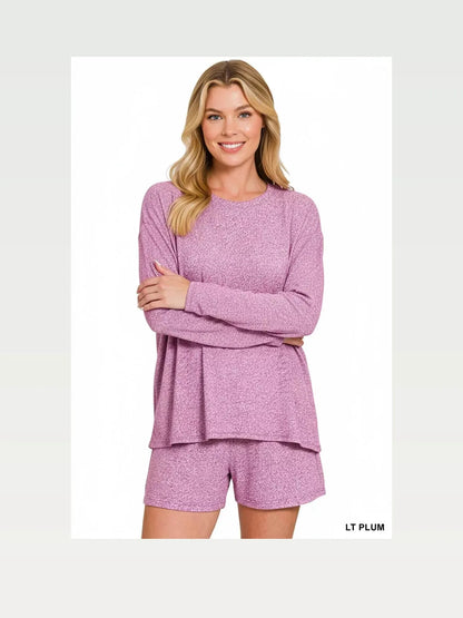 Soft Melange Long Sleeve Tee and Shorts Set in Lt Plum — styled showcase — Livostyle