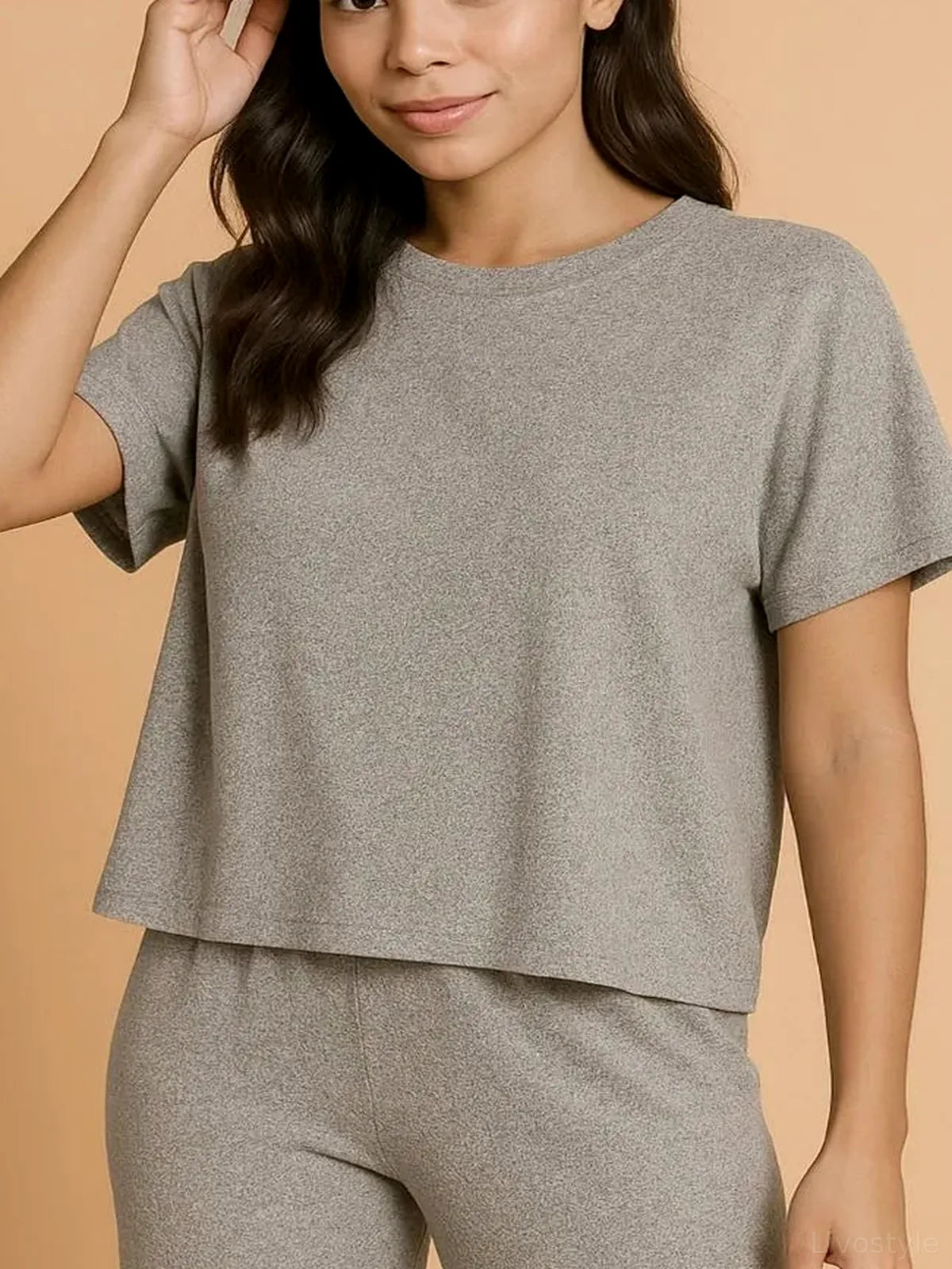 Soft Melange Short Sleeve Tee & Long Pants Set — detail view — Livostyle