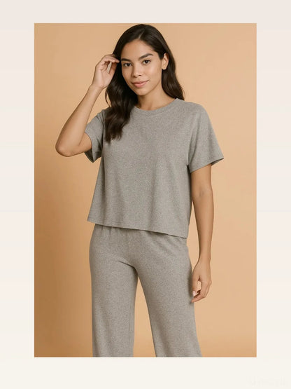 Soft Melange Short Sleeve Tee & Long Pants Set — styled showcase — Livostyle