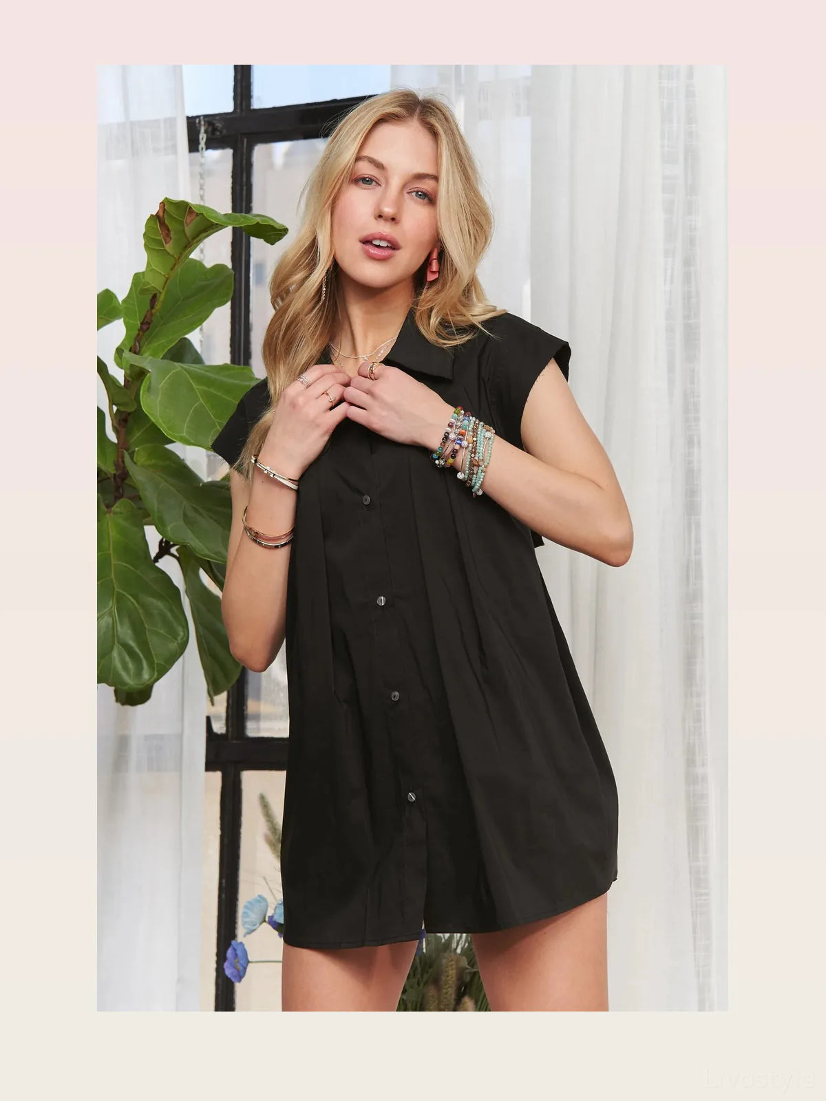 Classic Button-Up Shirt with Cap Sleeves in BLACK — styled showcase — Livostyle