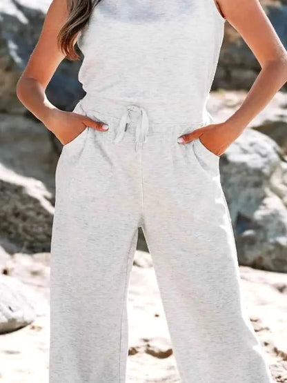 Solid Color Crew Neck Drawstring High Waist Sleeveless Jumps — detail view — Livostyle