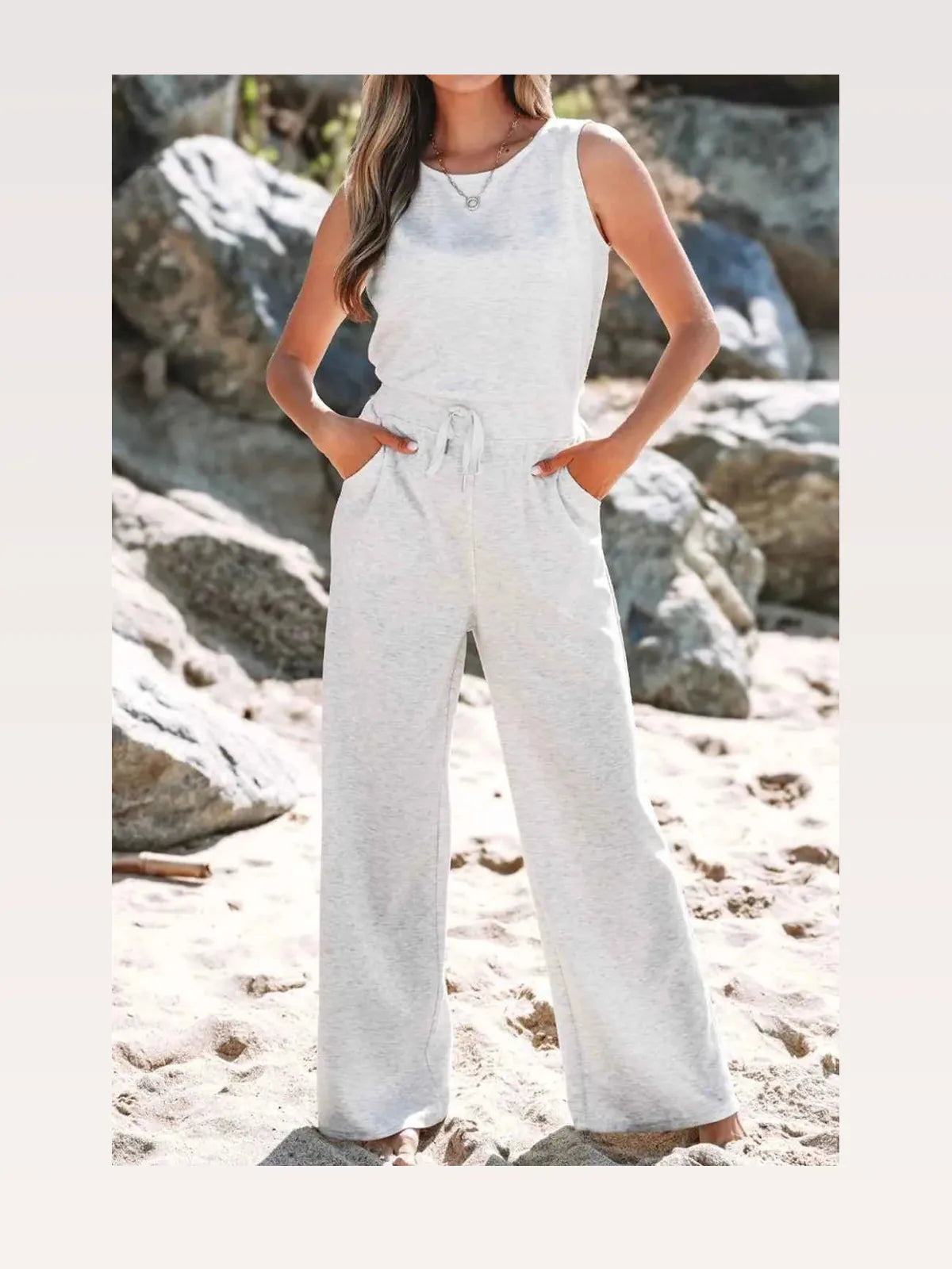 Solid Color Crew Neck Drawstring High Waist Sleeveless Jumps — styled showcase — Livostyle