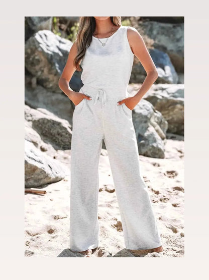Solid Color Crew Neck Drawstring High Waist Sleeveless Jumps — styled showcase — Livostyle