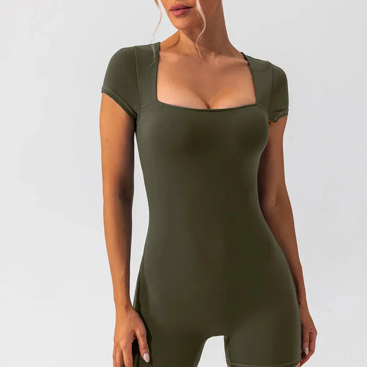 Square Neck Cap Sleeve Active Romper — square view — Livostyle