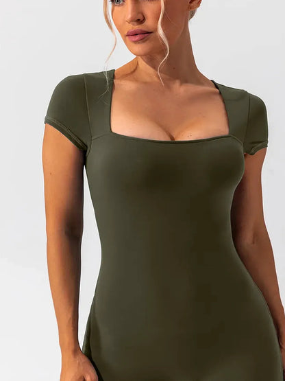 Square Neck Cap Sleeve Active Romper — detail view — Livostyle