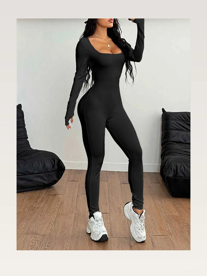Square Neck Long Sleeve Active Jumpsuit — styled showcase — Livostyle