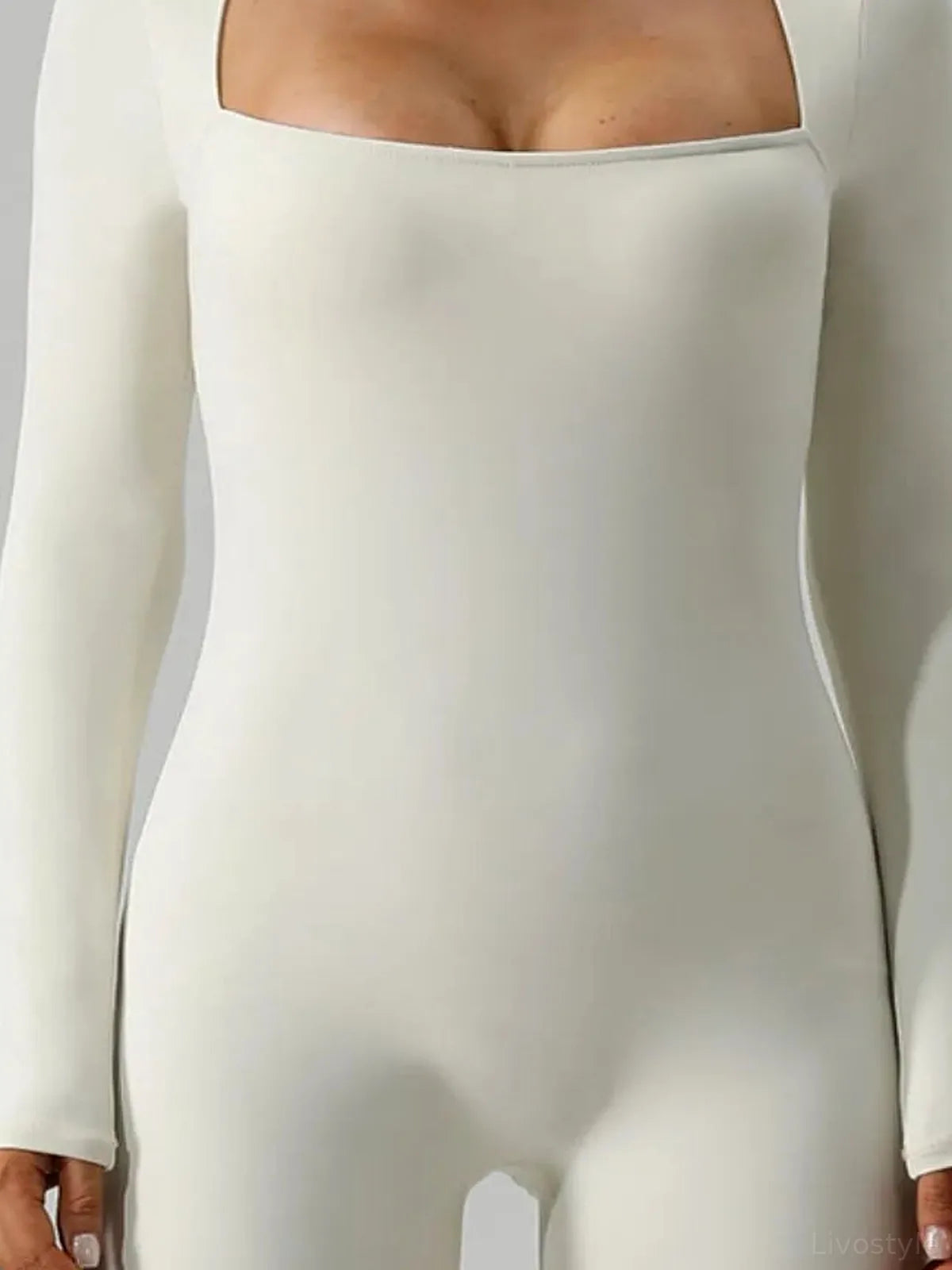 Square Neck Long Sleeve Active Romper — detail view — Livostyle