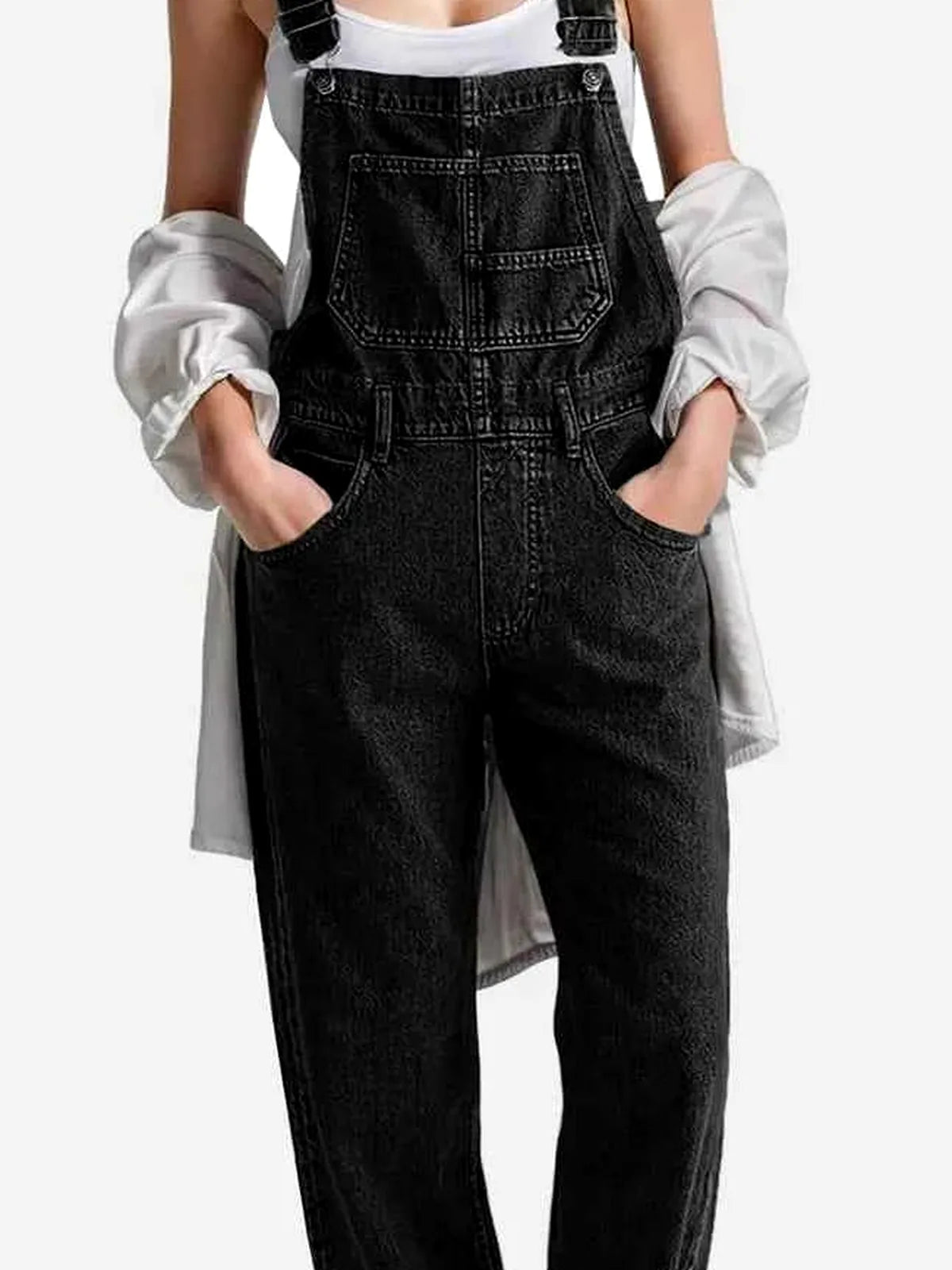 Black Low Scoop Square Neck Denim Overalls — detail view — Livostyle