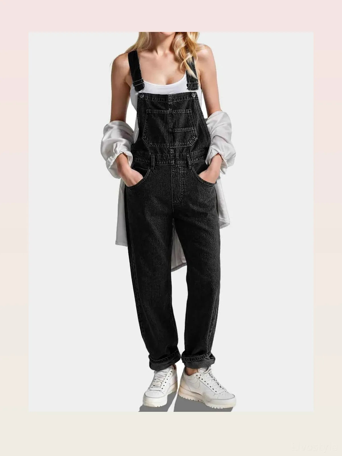 Black Low Scoop Square Neck Denim Overalls — styled showcase — Livostyle