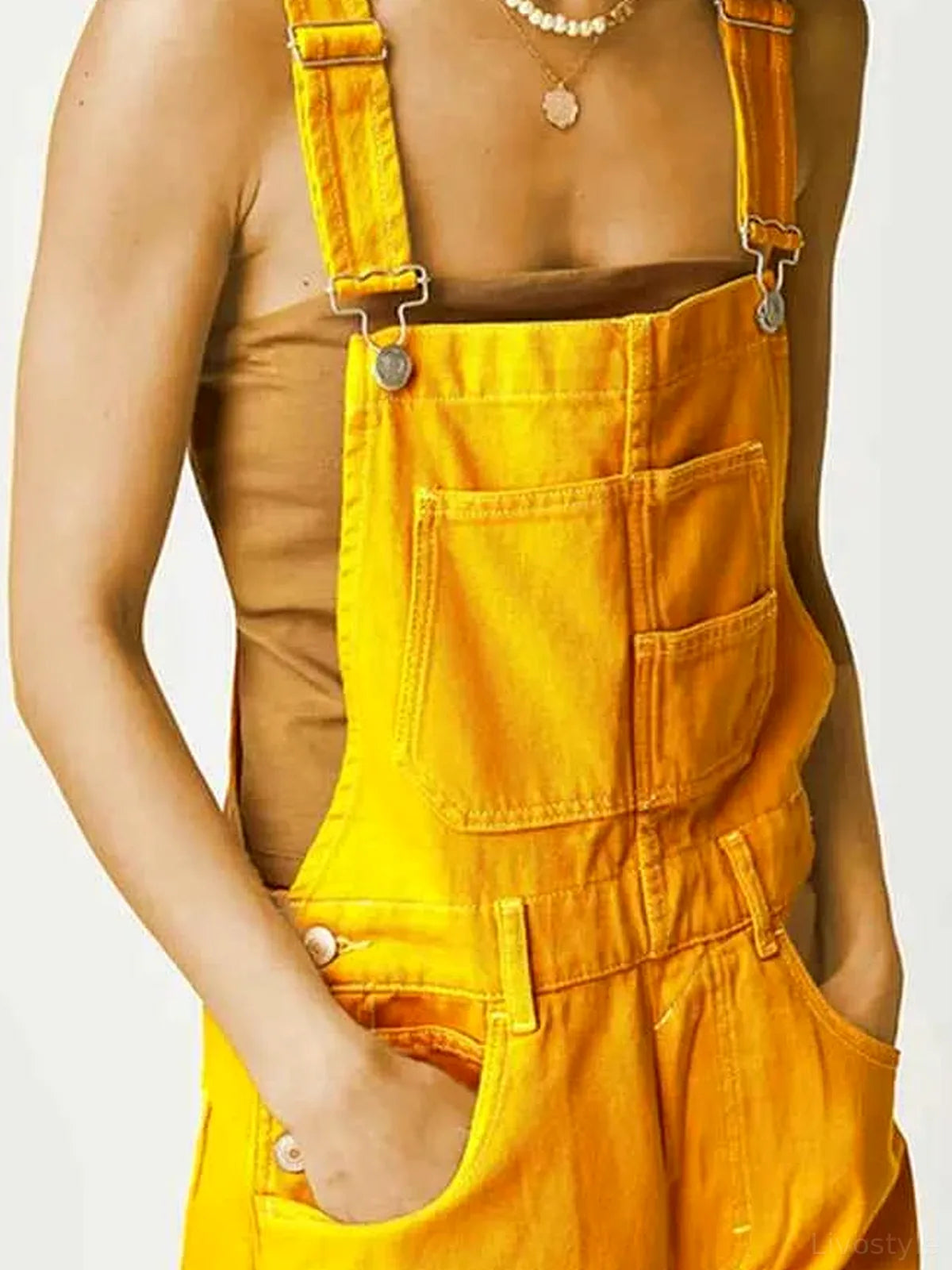 Gold Summer Square Neck Denim Overalls — detail view — Livostyle