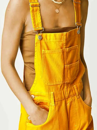 Gold Summer Square Neck Denim Overalls — detail view — Livostyle