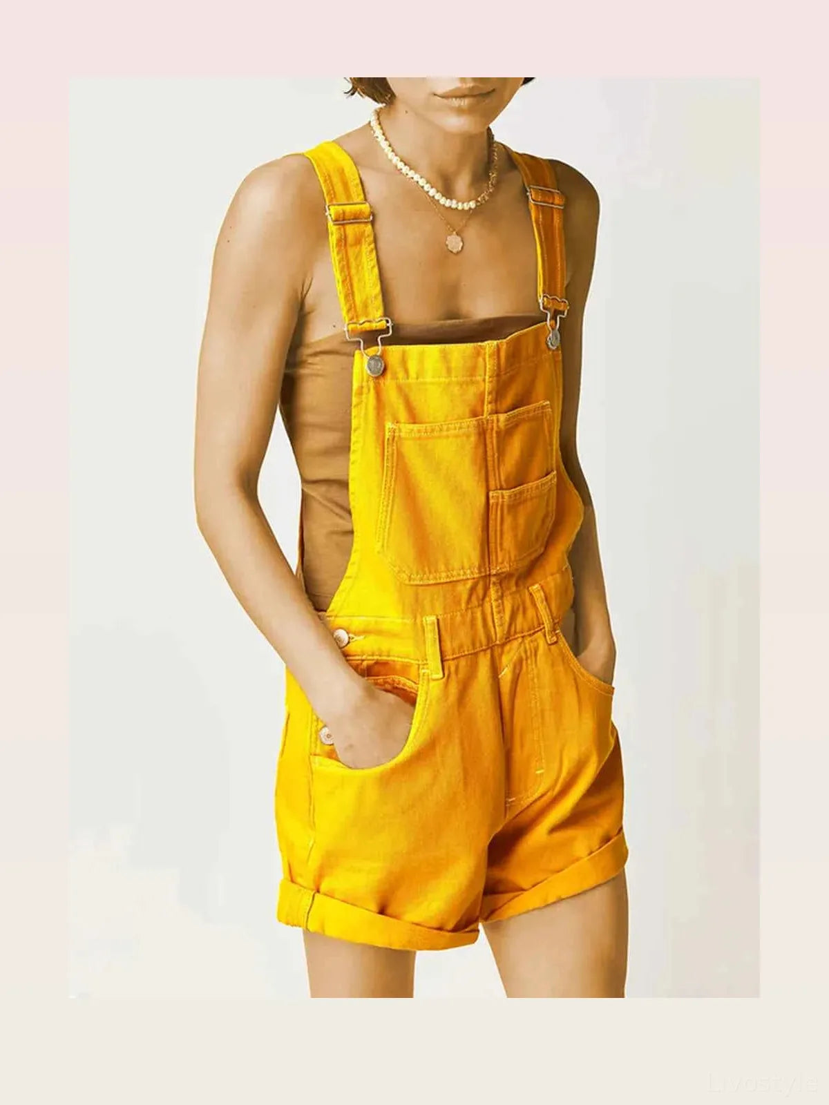 Gold Summer Square Neck Denim Overalls — styled showcase — Livostyle