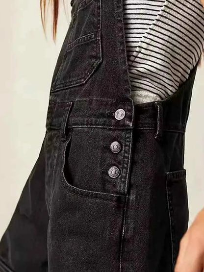 Square Neck Wide Strap Denim Overalls — detail view — Livostyle