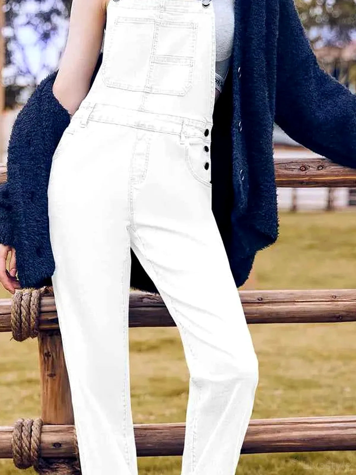 White Bib Square Neck Denim Overalls — detail view — Livostyle
