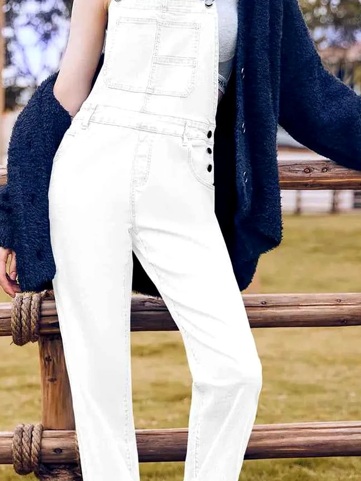 White Bib Square Neck Denim Overalls — detail view — Livostyle