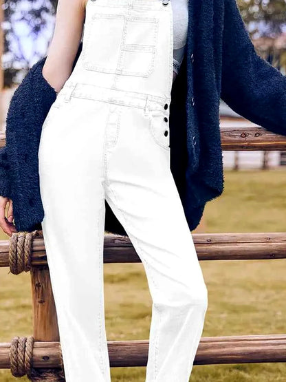 White Bib Square Neck Denim Overalls — detail view — Livostyle