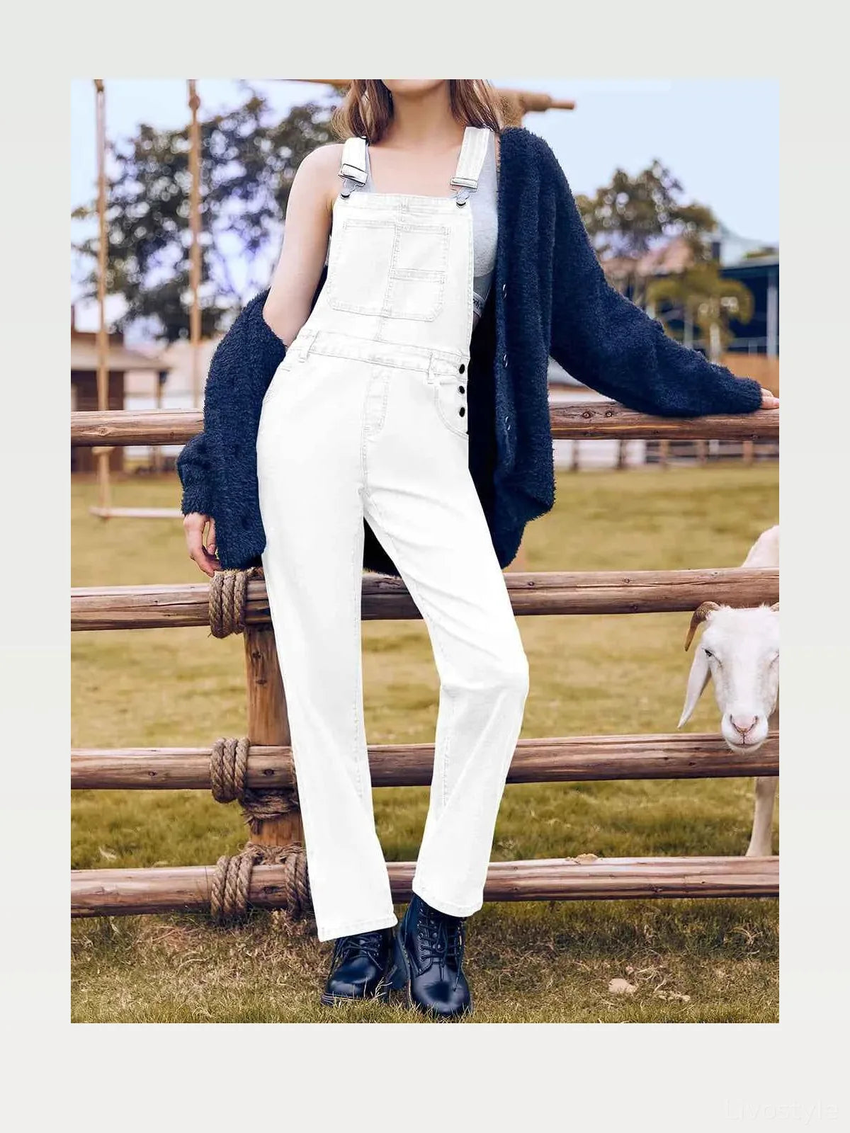 White Bib Square Neck Denim Overalls — styled showcase — Livostyle