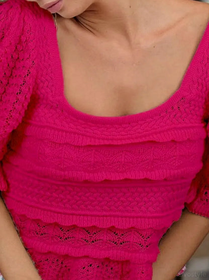 Stylish Crochet Top with Puff Sleeves and Square Neckline — detail view — Livostyle