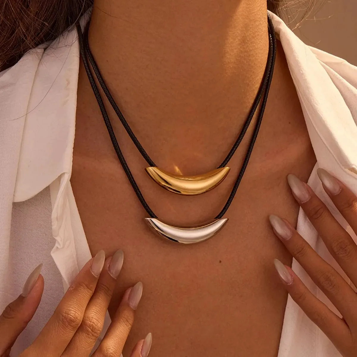 Stainless Steel Curved Bar Necklace with Leather Rope — square view — Livostyle