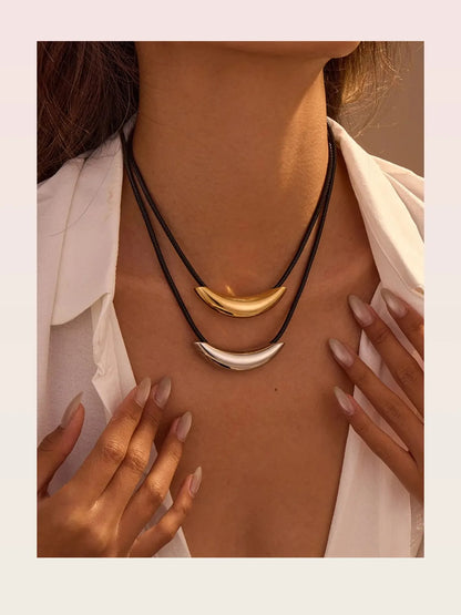 Stainless Steel Curved Bar Necklace with Leather Rope — styled showcase — Livostyle