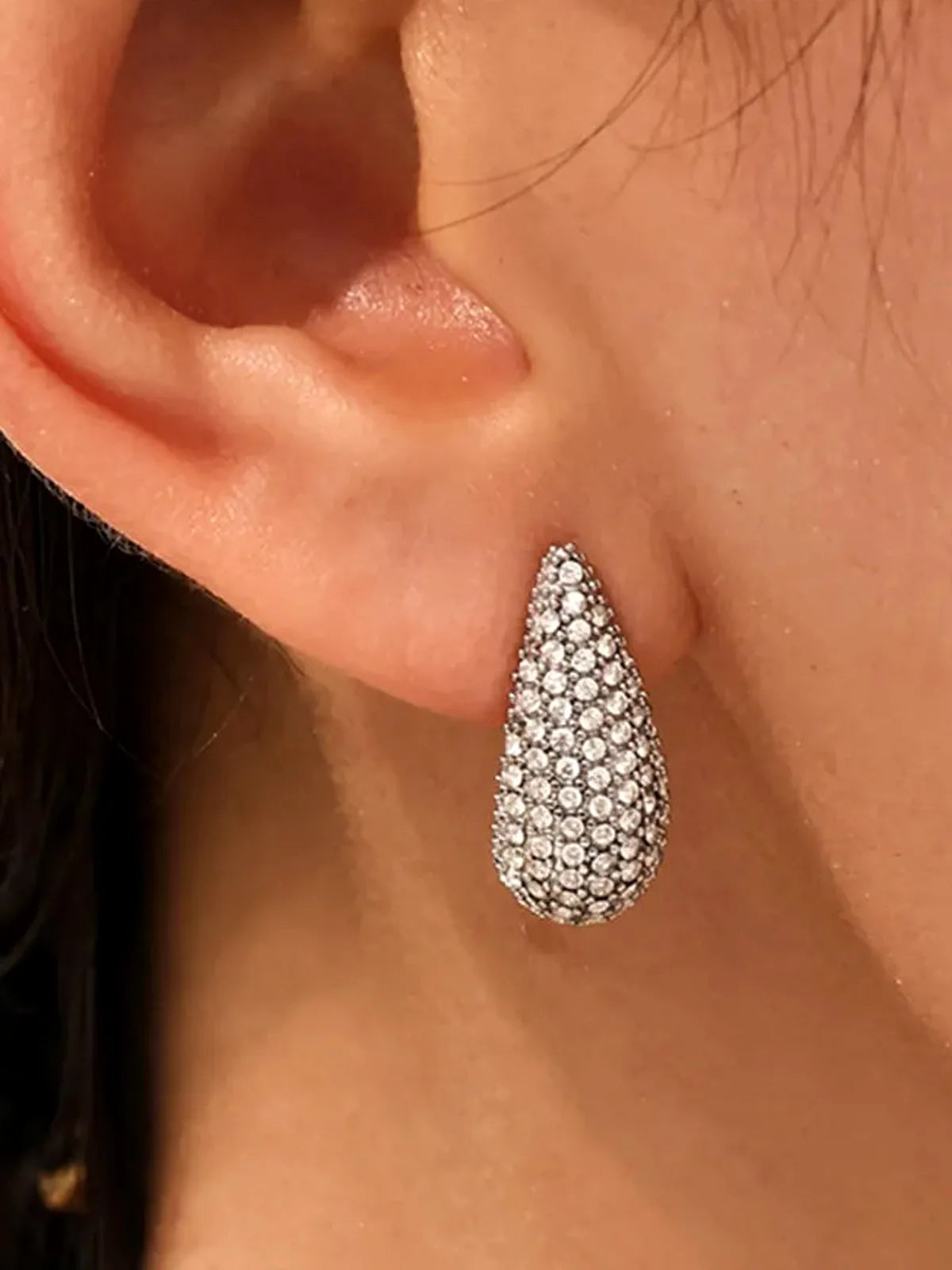 Stainless Steel Inlaid Zircon Teardrop Earrings — detail view — Livostyle