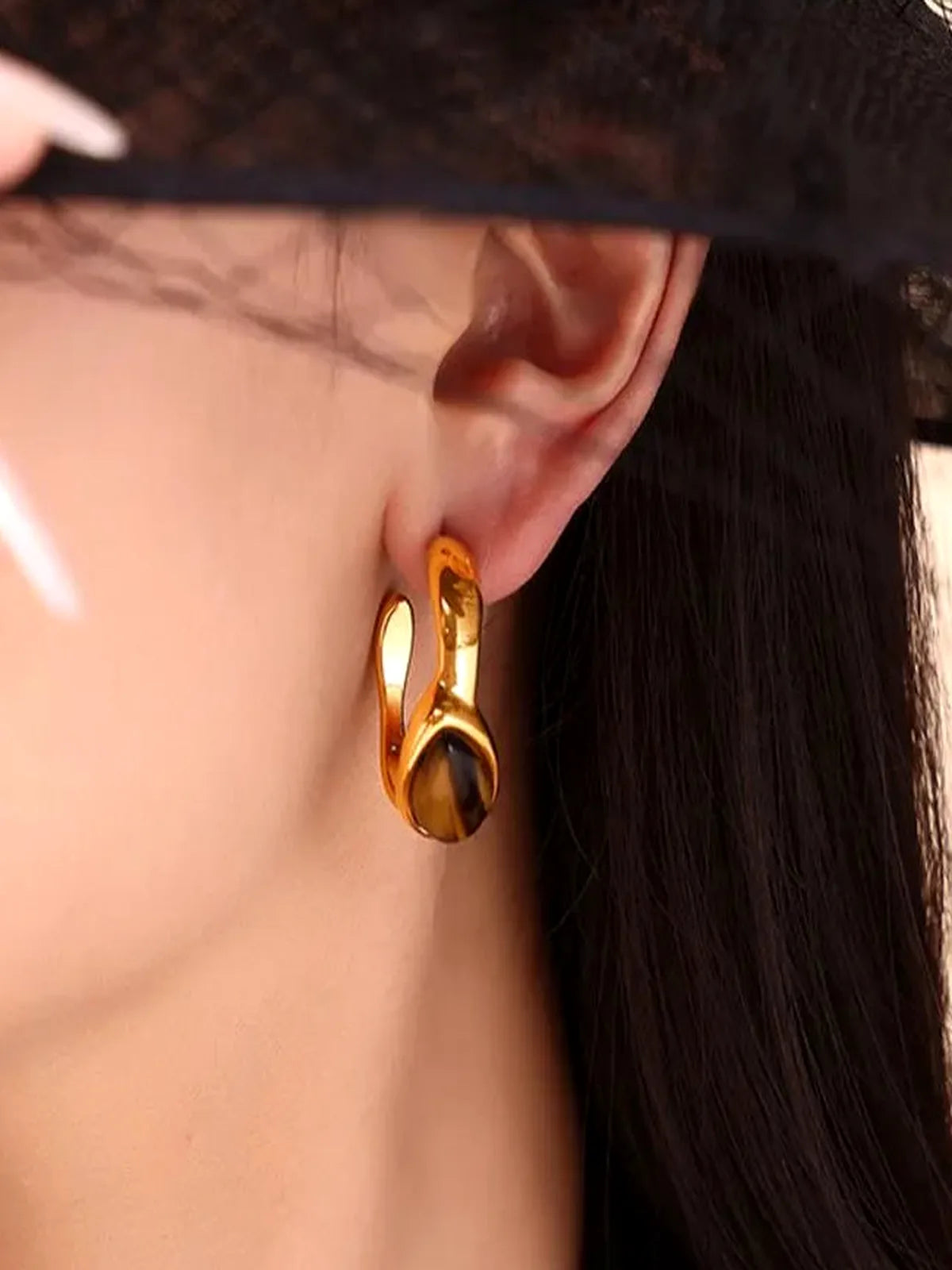 Stainless Steel Natural Tiger's Eye C-Hoop Earrings — detail view — Livostyle