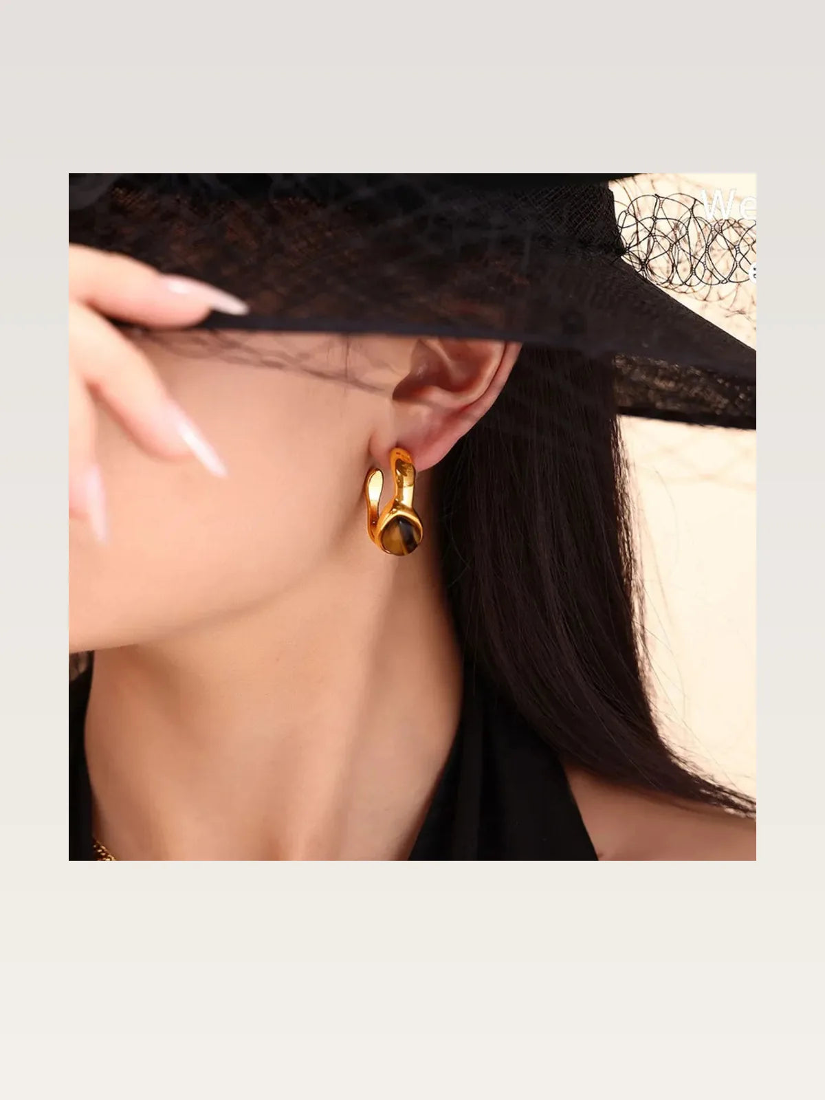 Stainless Steel Natural Tiger's Eye C-Hoop Earrings — styled showcase — Livostyle