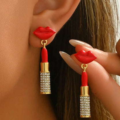Stainless Steel Resin Lips Lipstick Rhinestone Earrings — square view — Livostyle